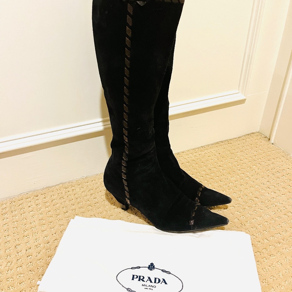 Prada Black Suede Kitten Heels Boots Size 8.5